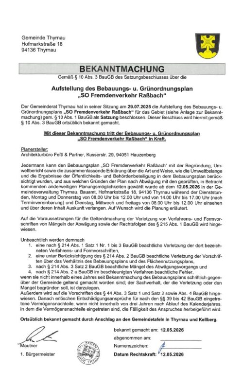 Bekanntmachung § 10 III BauGB – SO Fremdenverkehr Raßbach