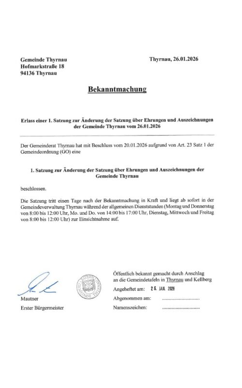 Bekanntmachung Erlass einer 1. Satzung zur Änderung der Satzung über Ehrungen und Auszeichnungen der Gemeinde Thyrnau vom 26.01.2026