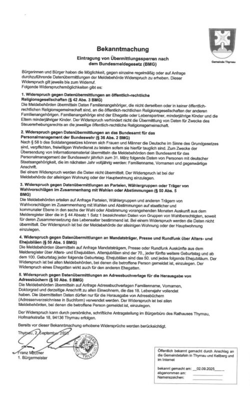 Bekanntmachung – Eintragung von Übermittlungssperren nach dem BMG