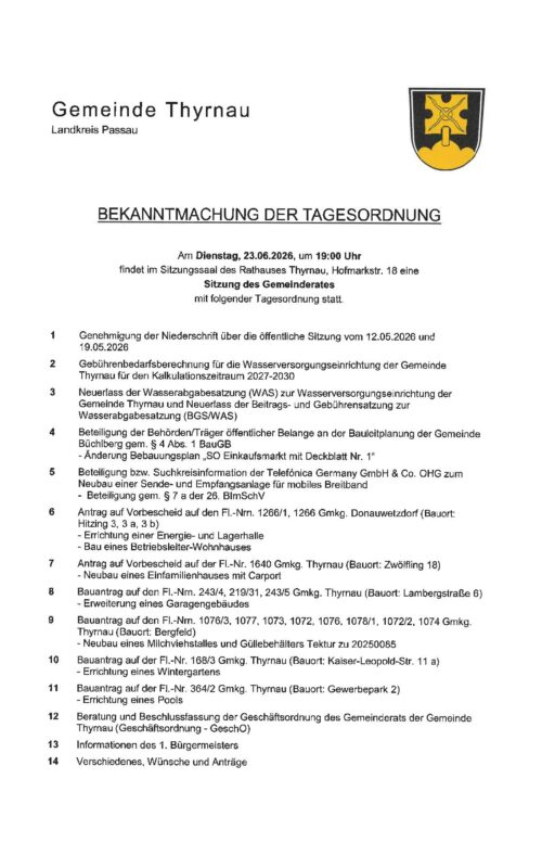 Bekanntmachung der Tagesordnung – Gemeinderatssitzung am 23.06.2026