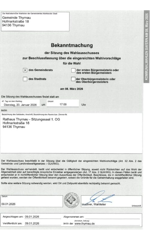 Bekanntmachung der Sitzung des Wahlausschusses zur Beschlussfassung über die eingereichten Wahlvorschläge; Kommunalwahl am 08.03.2026