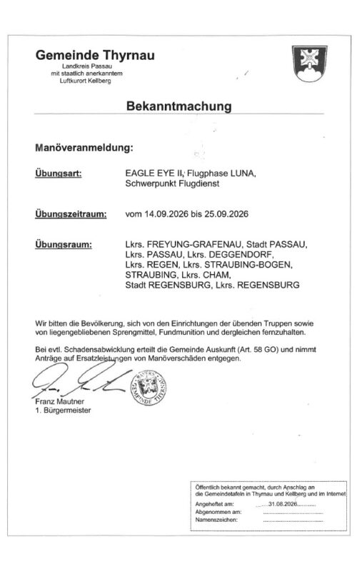Bekanntmachung – Manöveranmeldung EAGLE EYE II