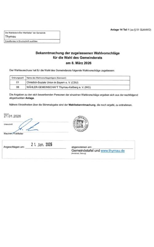 Bekanntmachung der zugelassenen Wahlvorschläge für die Wahl des Gemeinderats am 8. März 2026