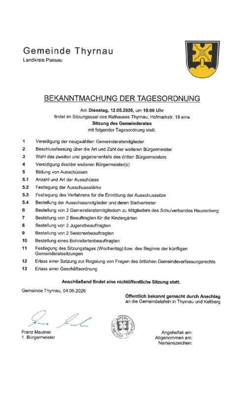 Bekanntmachung der Tagesordnung – Gemeinderatssitzung am 12.05.2026
