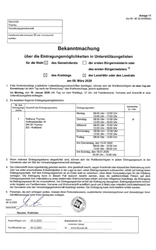Kommunalwahl; Bekanntmachung über die Eintragungsmöglichkeiten in Unterstützungslisten