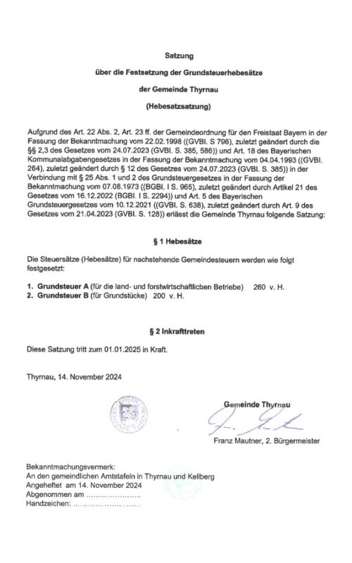 Satzung über die Festsetzung der Grundsteuerhebesätze der Gemeinde Thyrnau