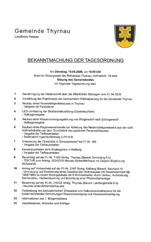 Bekanntmachung der Tagesordnung – Gemeinderatssitzung am 19.05.2026