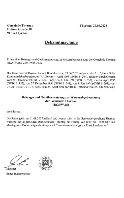 Bekanntmachung – Erlass einer Beitrags- und Gebührensatzung zur Wasserabgabesatzung