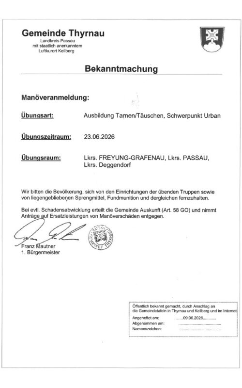 Bekanntmachung Manöveranmeldung – Ausbildung Tarnen/Täuschen, Schwerpunkt Urban