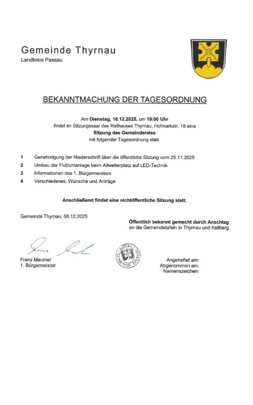 Bekanntmachung der Tagesordnung – Gemeinderatssitzung am 16.12.2025