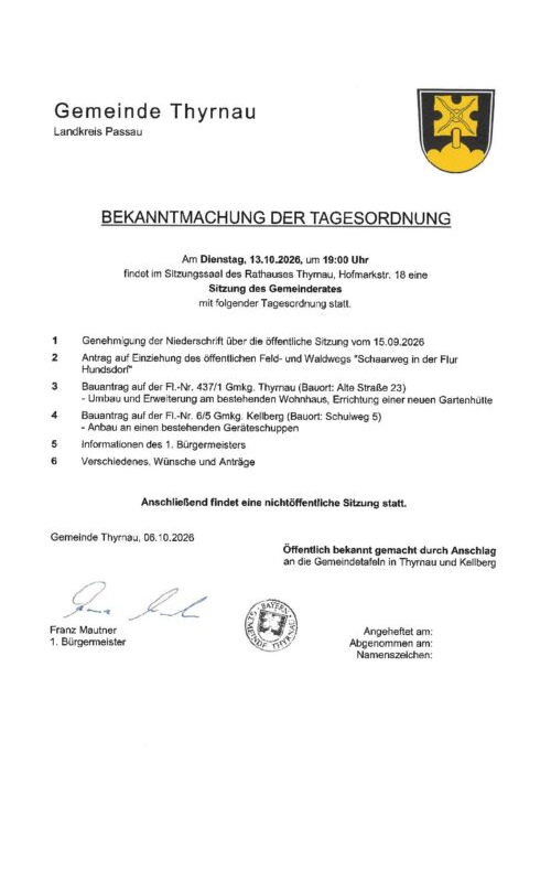Bekanntmachung der Tagesordnung – Gemeinderatssitzung am 13.10.2026