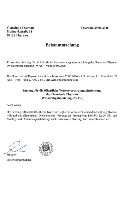 Bekanntmachung – Erlass einer Satzug für die öffentliche Wasserversorgungseinrichtung der Gemeinde Thyrnau