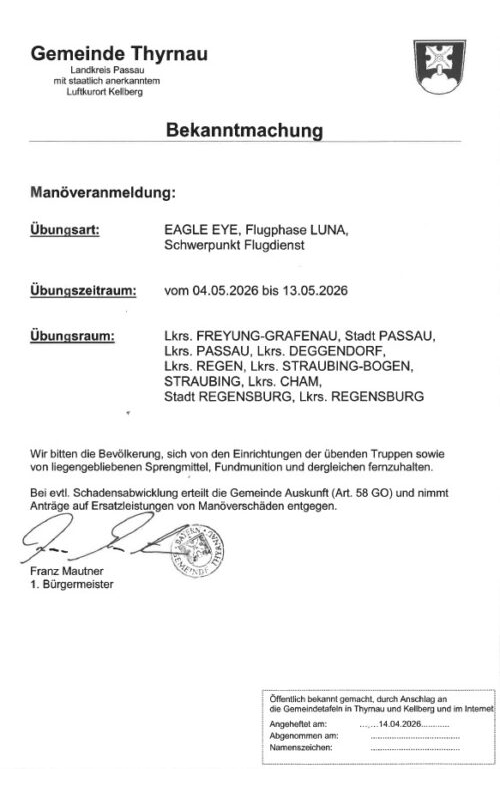 Bekanntmachung Manöveranmeldung