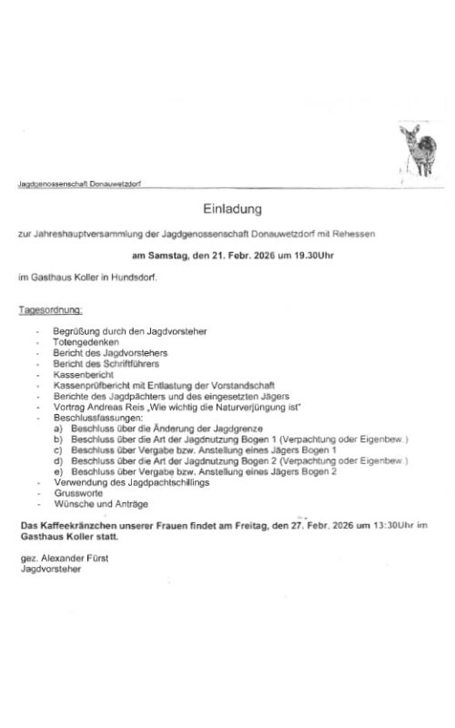 Einladung zur Jahreshauptversammlung der Jagdgenossenschaft Donauwetzdorf