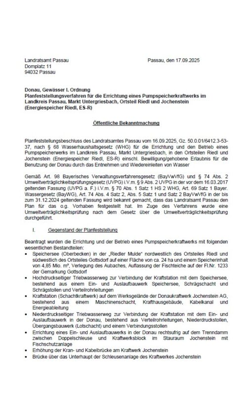 Bekanntmachung – Planfeststellungsverfahren für die Errichtung eines Pumpspeicherkraftwerks im Landkreis Passau (Energiespeicher Riedl, ES-R)