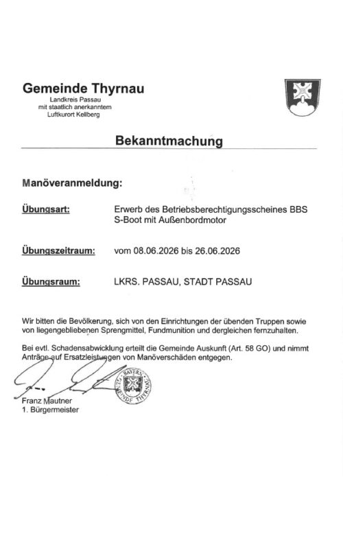 Bekanntmachung Manöveranmeldung