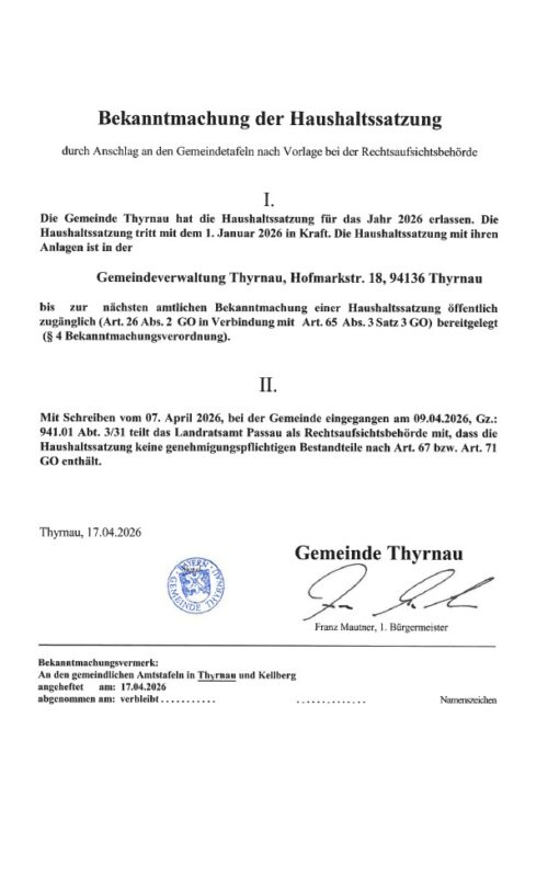 Bekanntmachung der Haushaltssatzung für das Jahr 2026