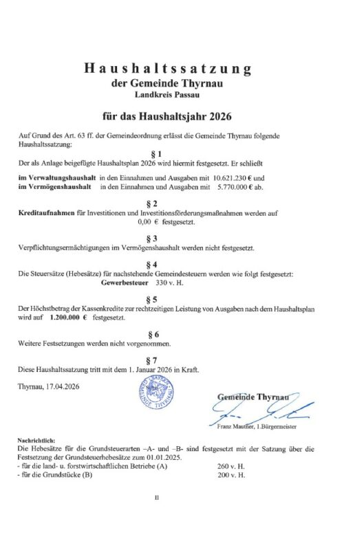 Haushaltssatzung der Gemeinde Thyrnau für das Haushaltsjahr 2026