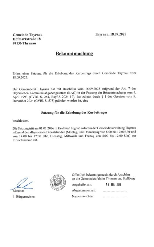 Bekanntmachung – Erlass einer Satzung für die Erhebung des Kurbeitrags