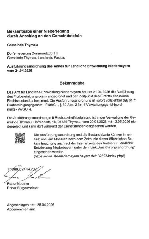 Bekanntgabe einer Niederlegung – Dorferneuerung Donauwetzdorf II