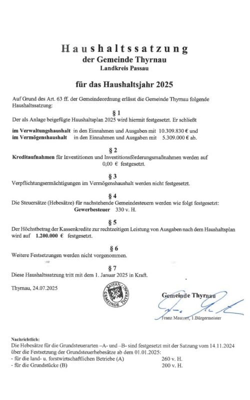 Haushaltssatzung der Gemeinde Thyrnau für das Haushaltsjahr 2025