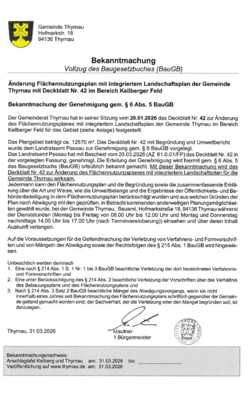 Bekanntmachung – Änderung Flächennutzungsplan im Bereich Kellberger Feld mit Deckblatt 42