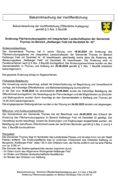 Bekanntmachung – Änderung Flächennutzungsplan mit integriertem Landschaftsplan der Gemeinde Thyrnau im Bereich Kellberger Feld mit Deckblatt Nr. 42